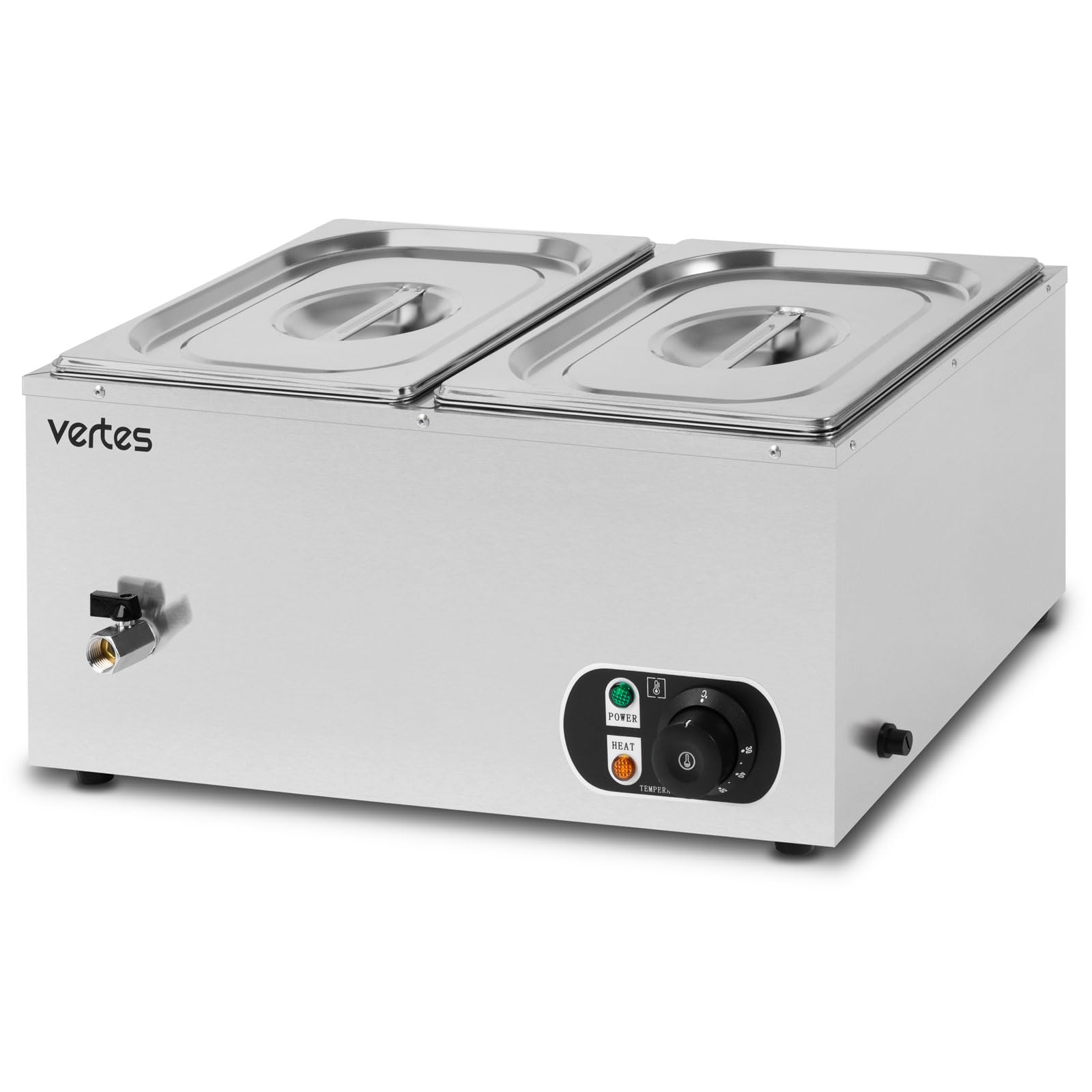 VERTES Speisenwärmer Buffetwärmer Wärmebehälter Für Speisen Elektrisch 1500W aus Edelstahl (Inkl 2X 1/2 GN Behälter mit Deckel für 2X 10L, Ablasshahn, Bain Marie Wasserbad, Temperatur 0-85°C)