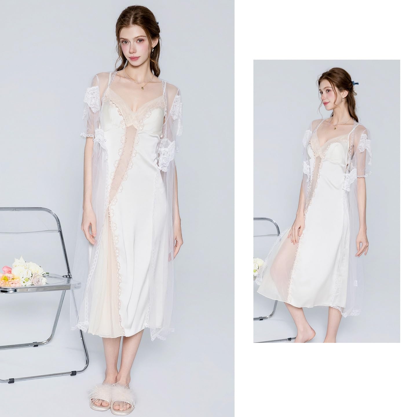 Vestaglia Sposa Completo Abito Lungo Aderente Senza Schienale Imbottito in Rete Satinata