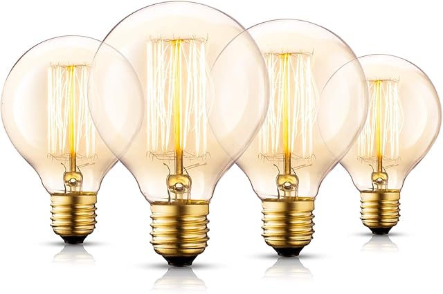 Asgens G80 Globe Vintage Edison Bulb Set, 40W E27 Amber Glass Wootly Vintage Retro Old Fashioned - Industry - Dimmable - Decorative Light Bulbs, 4Pack