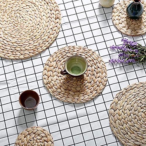 6 Pack Woven Placemats,Natural Water Hyacinth Weave Placemat Round Braided Rattan Tablemats 13.8” - Thumbnail 4