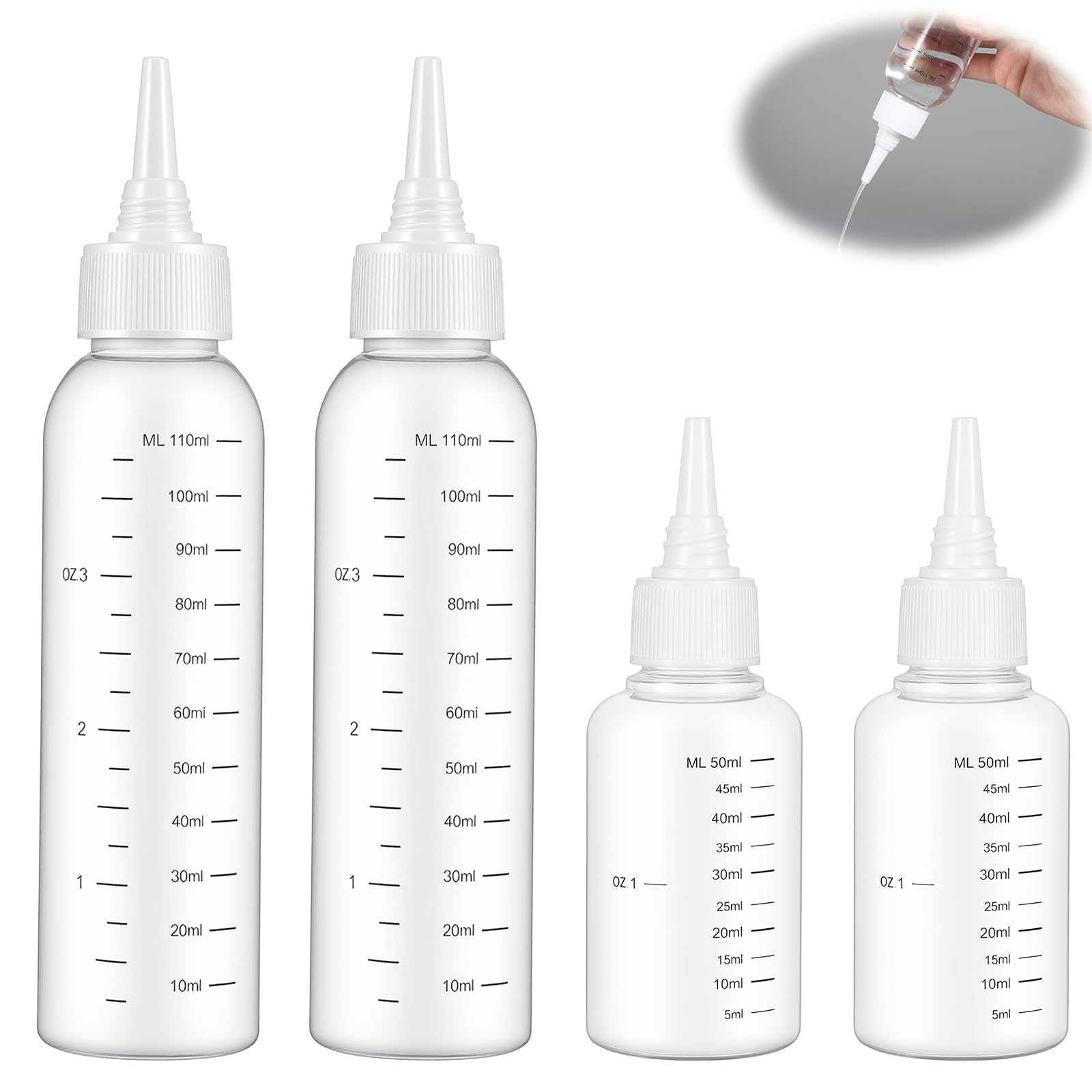 4 sztuki buteleczka aplikatora do włosów, squeezie z aplikatorem do olejku do włosów, 110 ml & 50 ml buteleczka aplikatora z skalą, aplikator do olejku do włosów do farbowania skóry głowy i