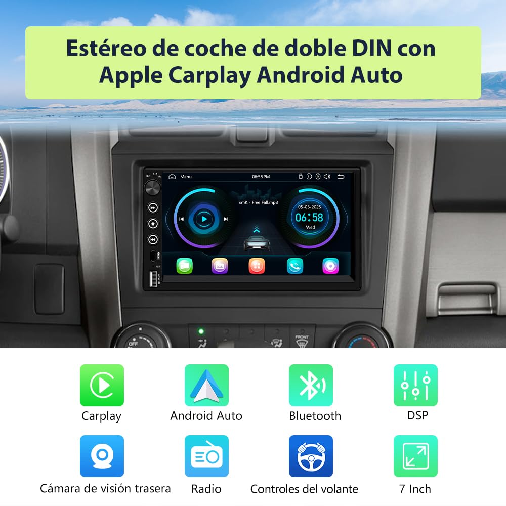 7" Radio de Coche 2 DIN Universal con Carplay y Android Auto Inalámbrico