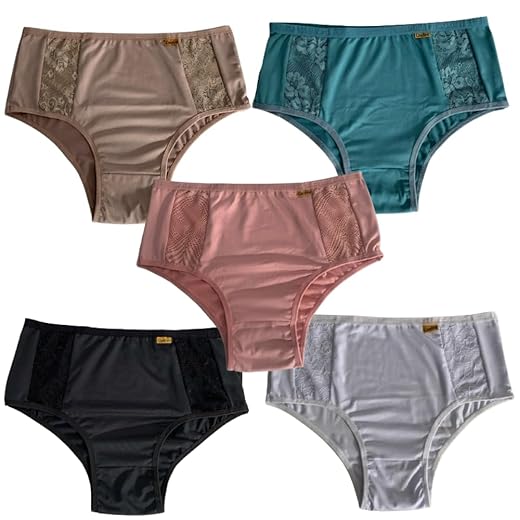 Kit 5 Calcinha Cintura Alta Lingerie Calçola Senhora Cós Alto Vovó Com Renda Conforto