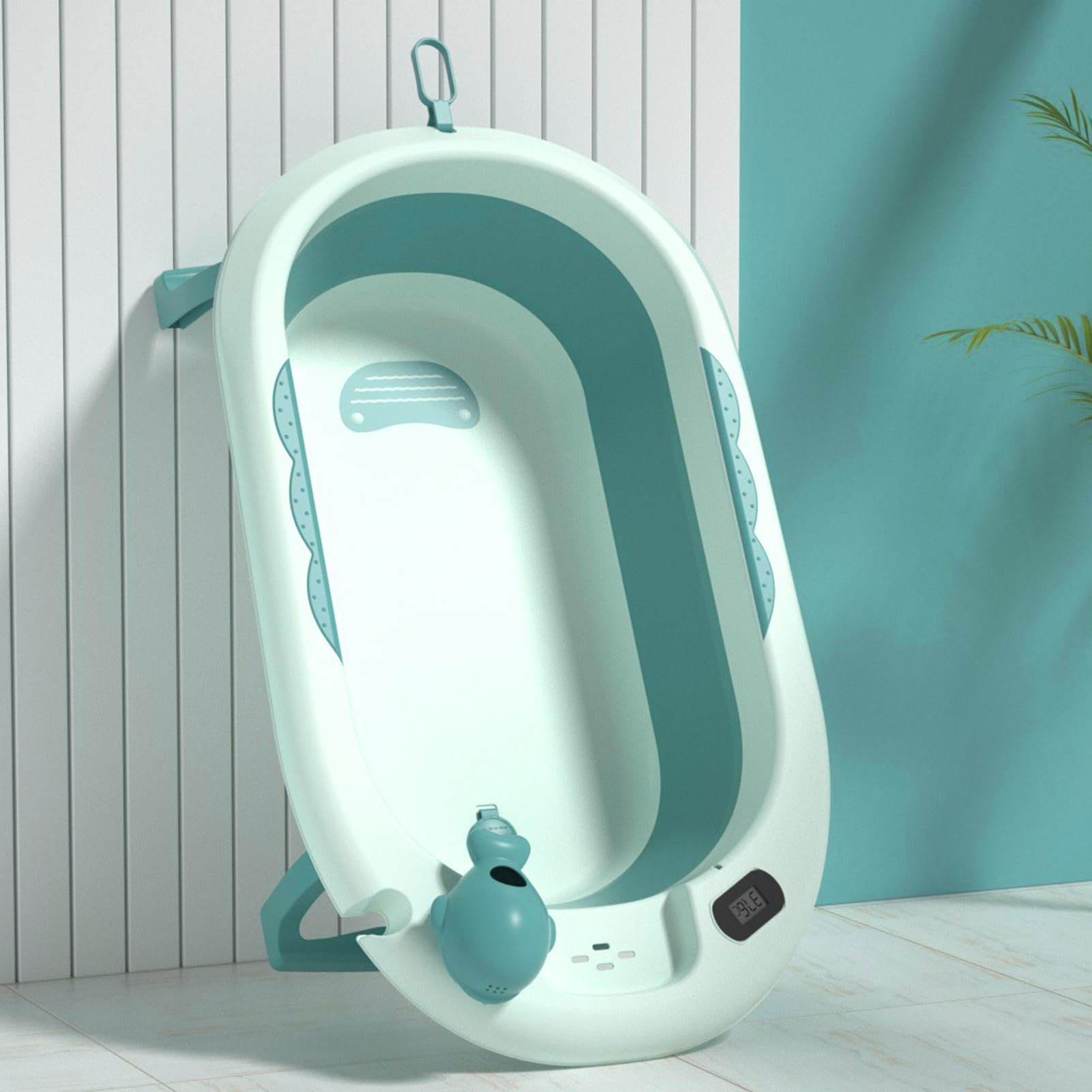 Fockety Zusammenklappbare Babybadewanne, Babybadewanne mit Thermometer, Tragbare Reisebadewanne mit Abflussloch, Babybadewanne für Neugeborene Bis Kleinkinder (Hellgrün)
