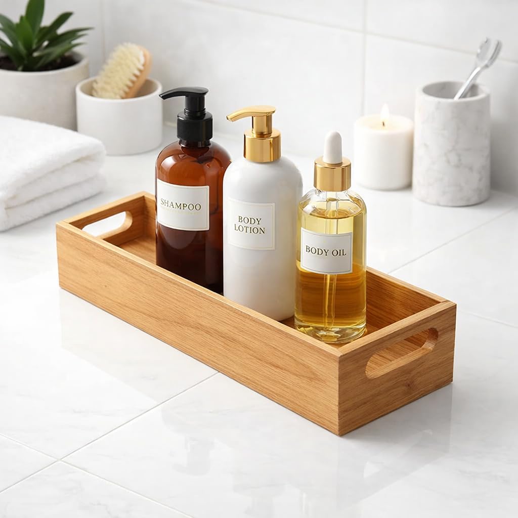 Bamboo Bathroom Organiser Tray with Handles | Countertop Storage, Natural Wood Finish, Rectangular Design, Vanity Organisation, Toiletry Holder-image-25