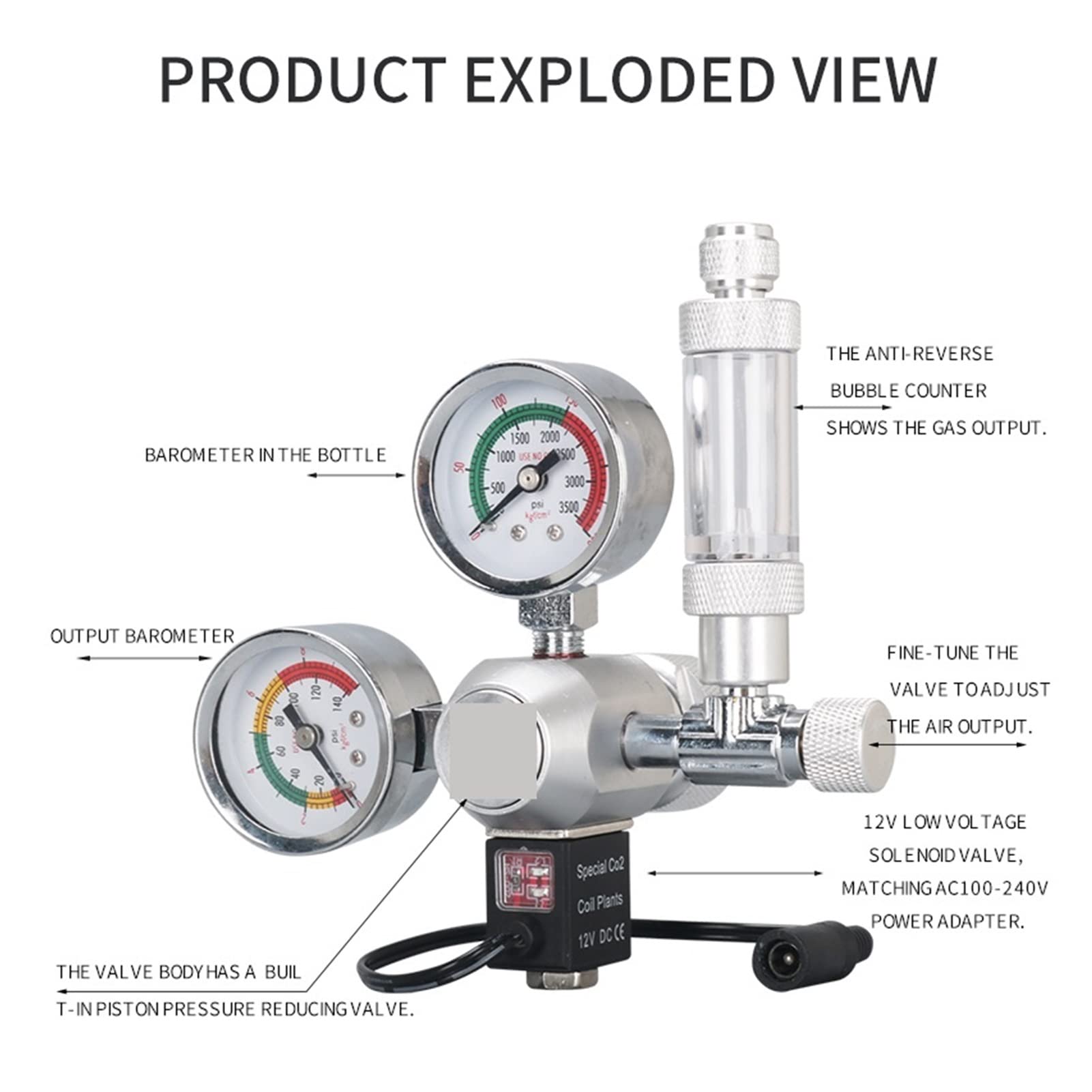 Reduktor ciśnienia CO2, Akwarium CO2 Regulator Zestaw elektromagnetyczny Układ generatora reaktora sterowania Upper(D01-12,M22)