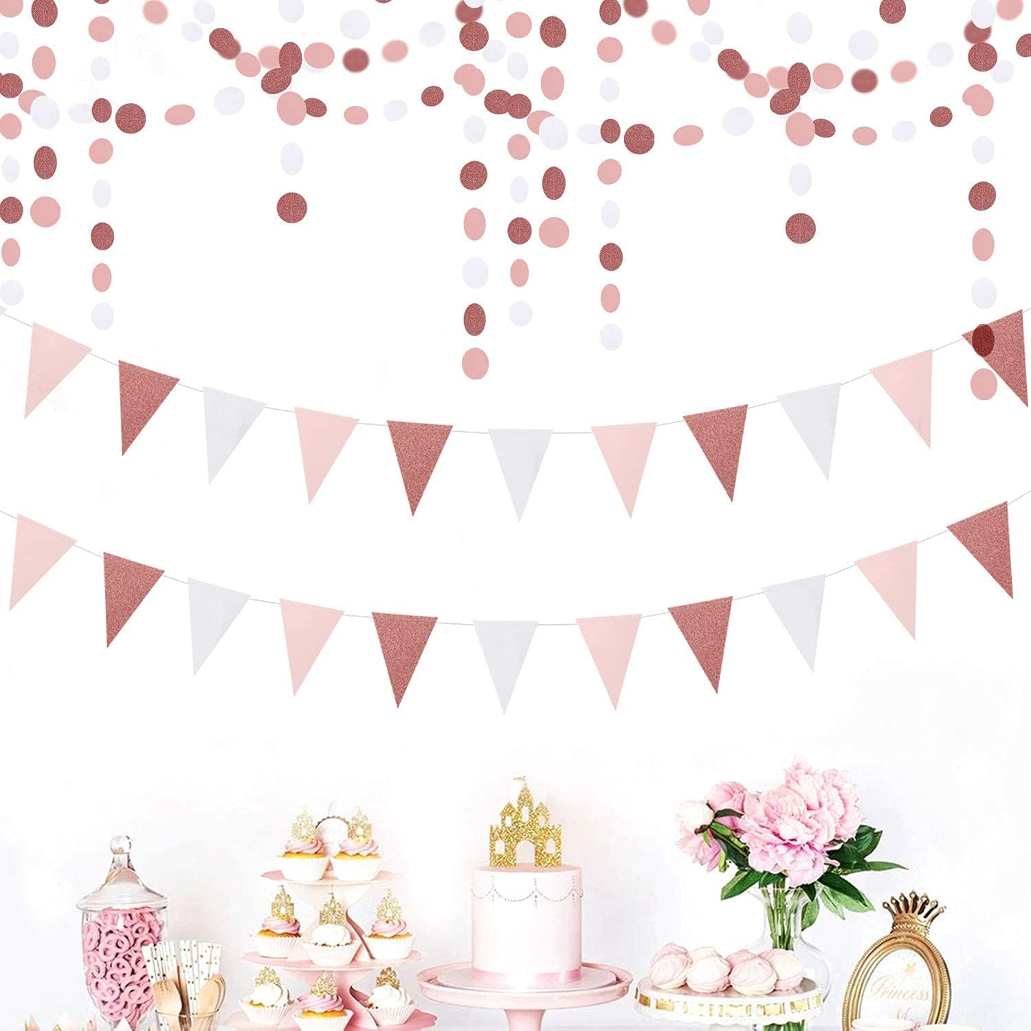 Pink White Rose-gold Bachelorette Bridal Shower Engagement Party Decorations 5 Inch 60pcs Round Latex Balloon+52Ft Paper Garland+ 2 Pack Paper Triangle Flags + 300pcs Confetti