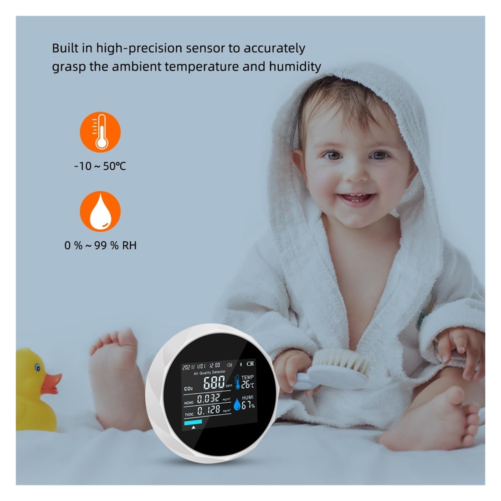 Monitor d'aria multifunzione TVOC HCHO Misuratore di CO2 Tester qualità del gas Umidità Temperatura Rilevatore controllo dente blu Per cucina e camper(Noir)