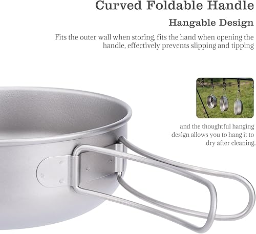 Miniatura 8 de iBasingo Juego de 3 piezas de ollas de titanio para acampar con mango plegable, juegos de ollas de cocina para campamento al aire libre