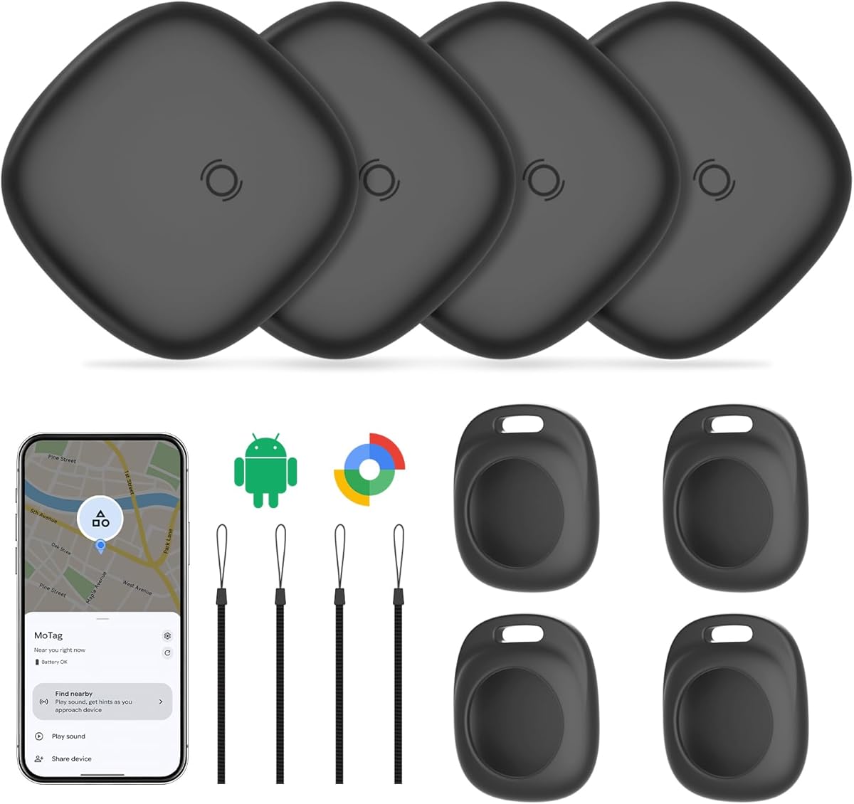 Android Air Tracker 4 Pack，Luggage Tracker Tags Compatible with Google Find Hub App (Android Only) Bluetooth Tracker with 4 Case Key Finder and Item Locator for Wallets, Backpack, Suitcases-Black
