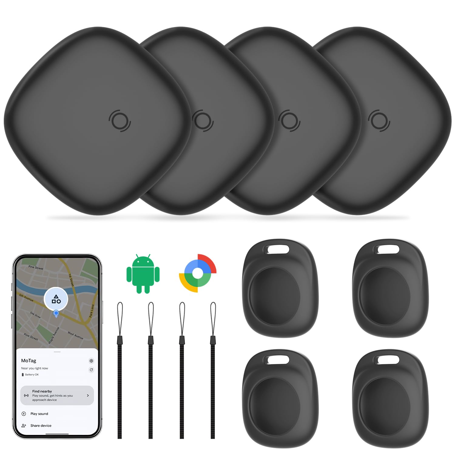 Localizzatore Android, confezione da 4, localizzatore di chiavi Android per | Smart Tag per Android con custodia in silicone IP66, localizzatore Bluetooth per chiavi, portafoglio, bicicletta, valigia