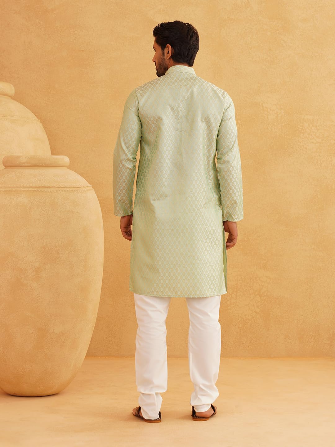 Sojanya (Since 1958 Men's Silk Blend Pista Green Color Self Design Only Long Kurta