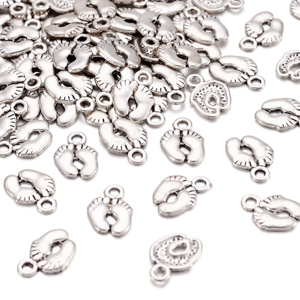 Pandahall 100pcs Tibetan Style Alloy Baby Foot Print Pendants Charms forLove Mom Jewelry Making Supplies Bracelet Keychain Gifts Baby Shower Antique Silver 14x10mm/0.55x0.39inch