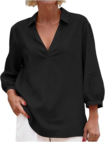 SMIDOW Summer Tops For Women Trendy 2026 - Dressy Causal Loose Fit 3/4 Sleeve Collared v Neck Shirts Older Womens Blouses
