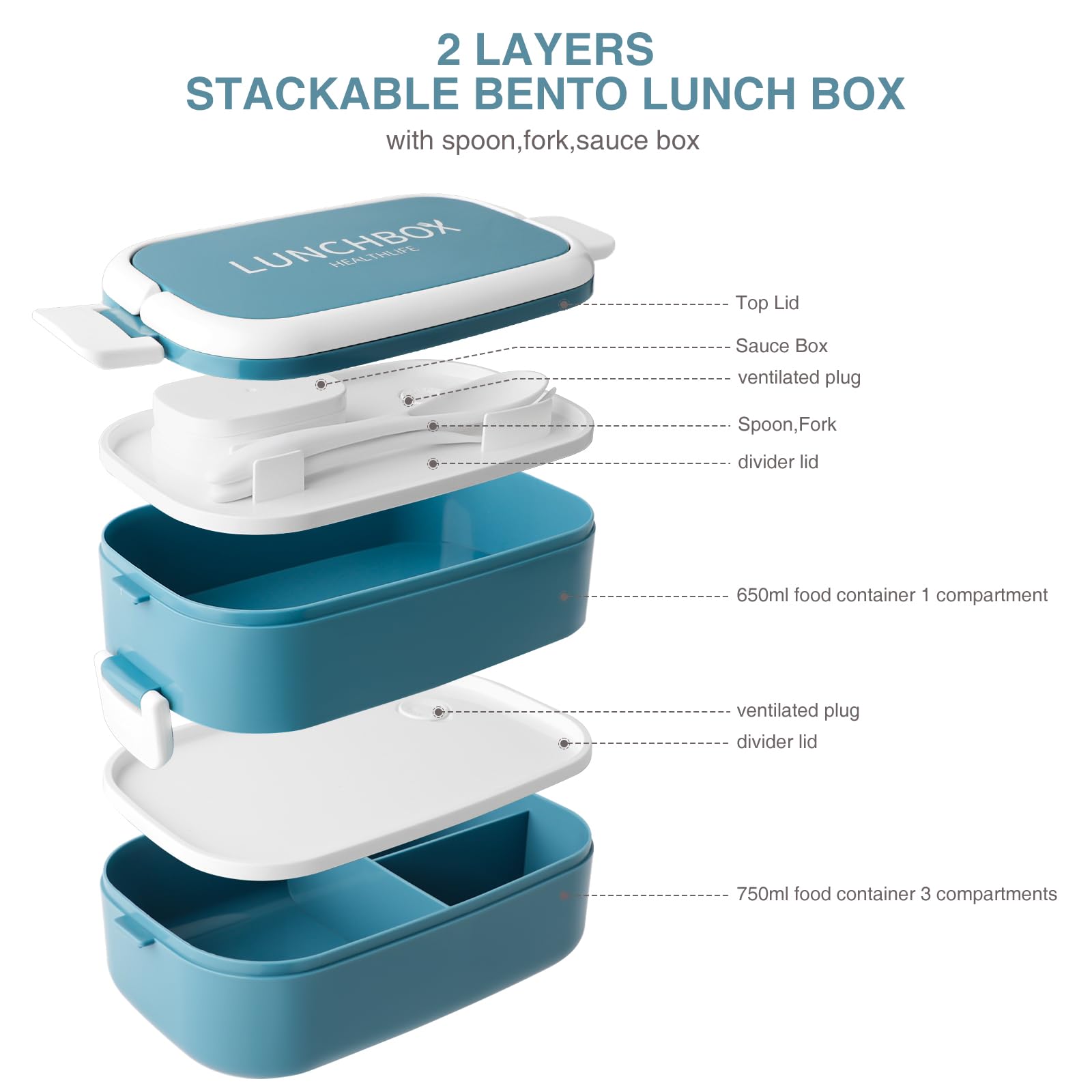 Lunch Box Bento 2 Strati - 4 Scomparti, 1400ml, Antigoccia, Con Posate (Rosa) - Foto 13