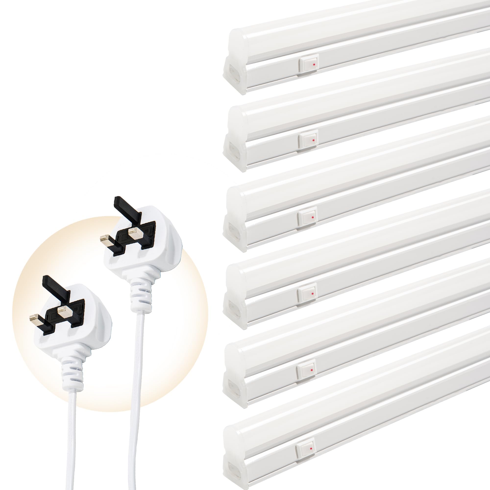 LED Batten Lights with UK Plug, 6-Pack 4FT 18W 2000lm Garage Lighting, T5 4000K Workshop Lighting, Connect Up to 6 LED Tube Lights, Office Lighting with On/Off Switch, Light Fixture
