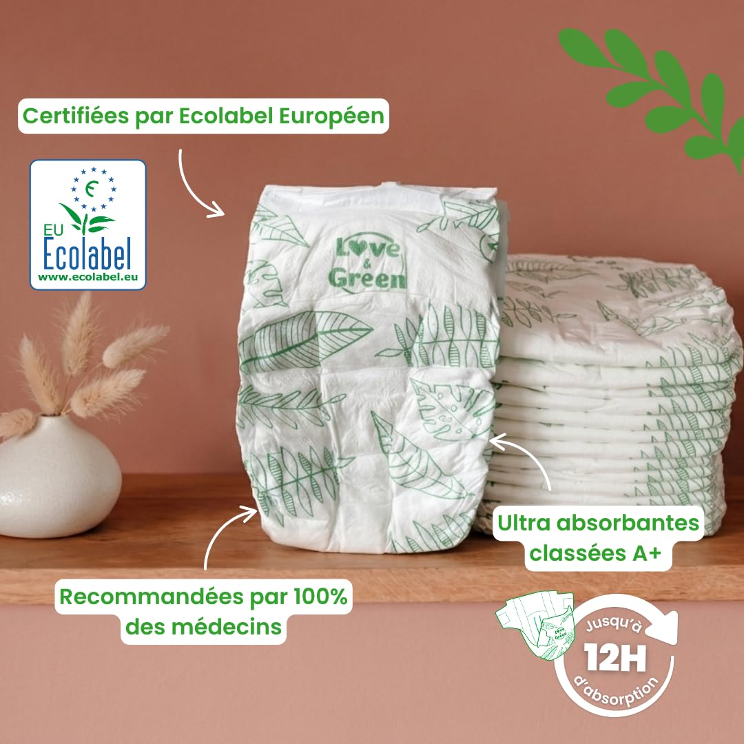 Love & Green - Hipoalergiczne pieluchy dla niemowląt 0% - Rozmiar 2 (3-6 kg) - 36 pieluch