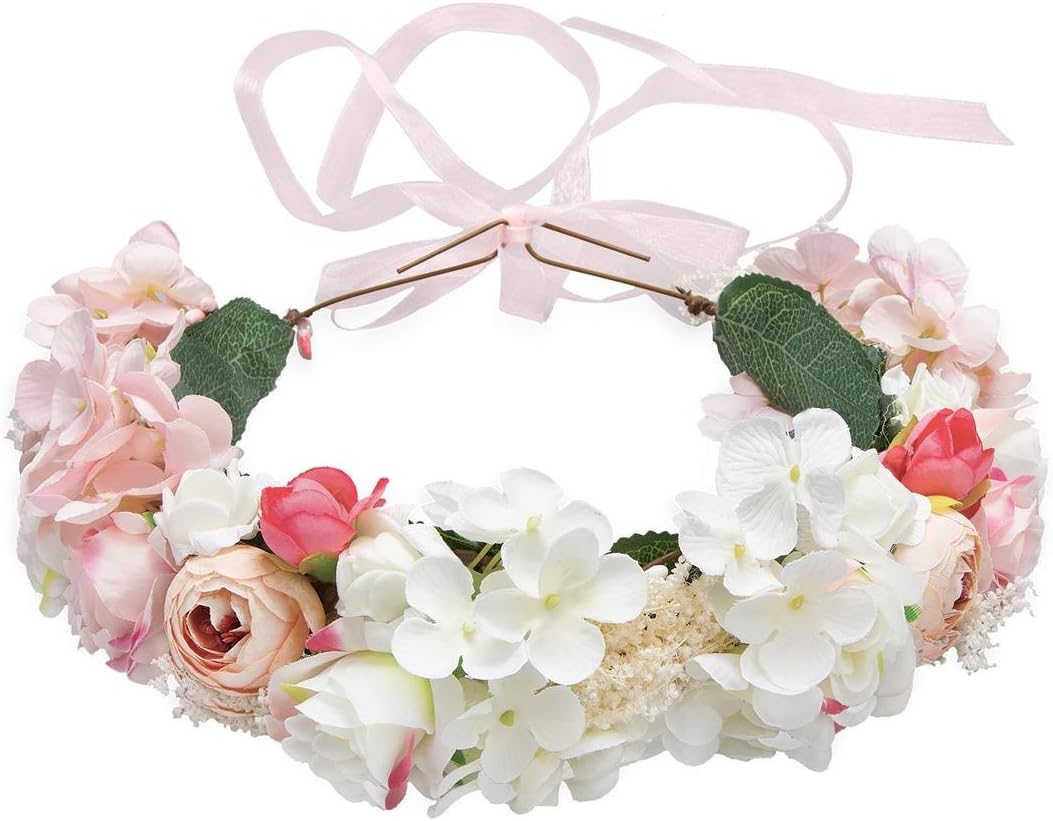 Flower Headband Pink Hair Wreath Floral Flower Crown Bridal Headpiece with Ribbon