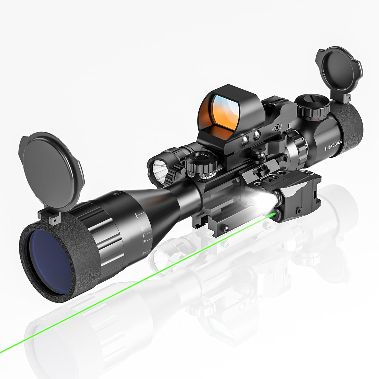 4-16x50AO Combo Tactical Hunting Rifle Scope Red/Green Dual Illuminated with Red/Green Laser 4 Holographic Reticle Reflex Red Dot Sight 5 Brightness Modes Flashlight