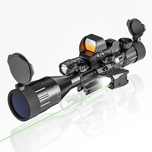 4-16x50AO Rifle Scope Combo Red/Green Dual Illuminated with Green Laser 4 Holographic Reticle Red Dot 5Modes Flashlight for Rail Mount