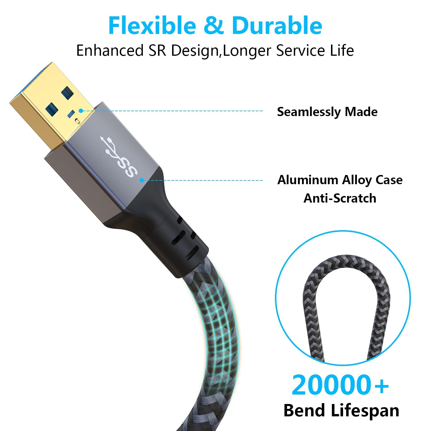 Câble d'extension USB 3.0 mâle vers femelle Matériau tressé durable Transfert de données élevé Compatible avec clavier, souris, clé USB, disque dur, imprimante 3 m