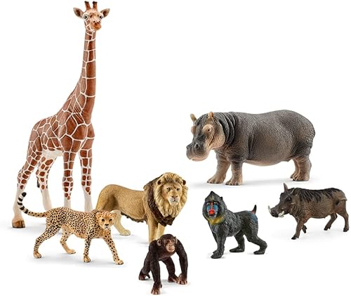 Schleich Juguetes de animales salvajes de safari incluye jirafa hipopótamo chimpancé guepardo mandril y león figuras de acción para niños de 3 años