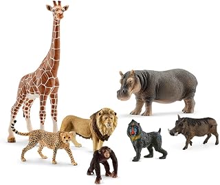 Schleich Wild Life Realistic Safari Animal Figurine Playset - 8-Piece Wildlife Safari Toy Animal Figurines with Lion, Giraffe, Hippo, Chimpanzee, Warthog, Cheetah, Mandrill, Gift for Kids Age 3+