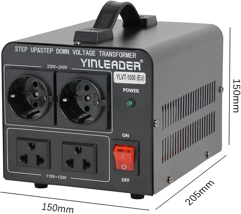 Yinleader 1000W Feszültségátalakító Transzformátor 230V-110V, Toroid Magos, 4kg, 2db 110V + 2db 220V EU Aljzat, CE Tanúsítvány, Fekete