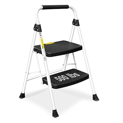 Folding Step Stool, 2 Step Ladder with Handle, Wide Anti-Slip Pedal, Lightweight, Multi-Use for Household and Office, 500lbs Capacity Sturdy Steel Ladder, SocTone