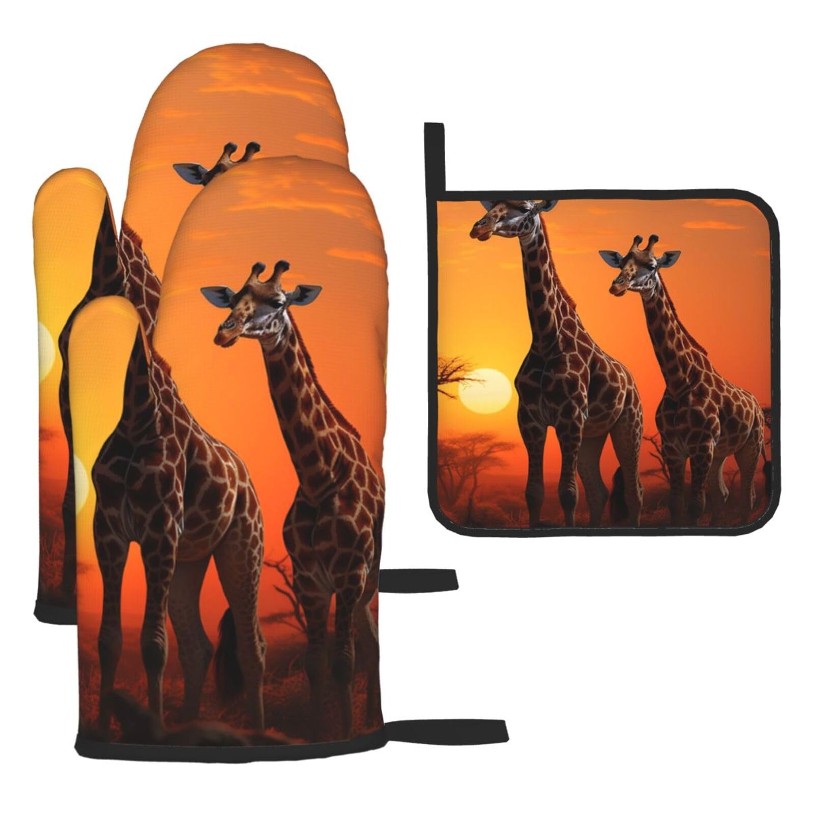 Oven Mitts and Pot Holders Set of 3 Heat Resistant Non-Slip Kitchen Gloves Hot Pads Giraffe at Sunset Mittens Non-Slip Potholders for Cooking Baking Grilling BBQ