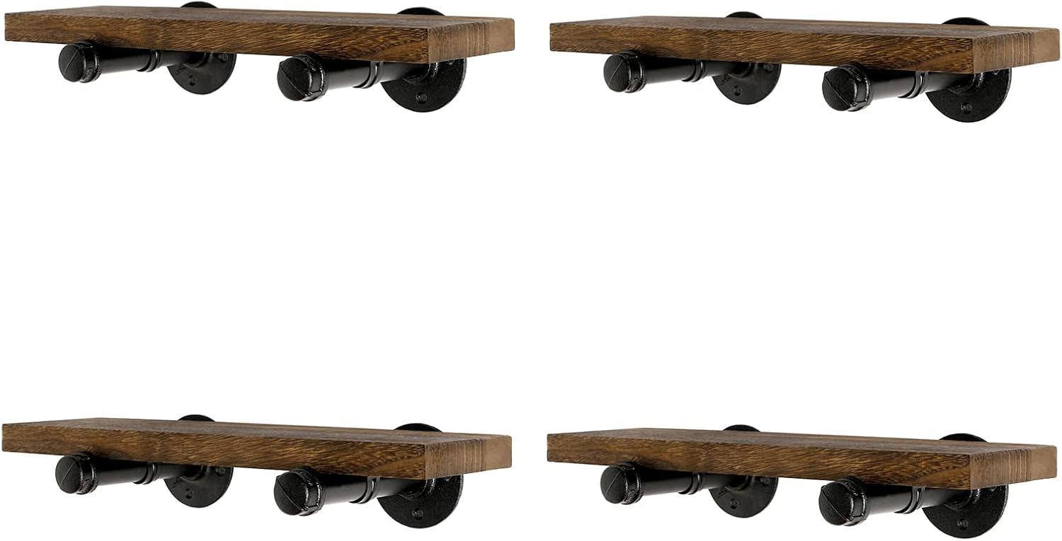 Wall Mounted Floating Shelves, Floating Shelves with Industrial Pipe Brackets Set of 4 Rustic Wood Storage Shelf for Bedroom Living Room Bathroom Kitchen Office and More (4, Brown)