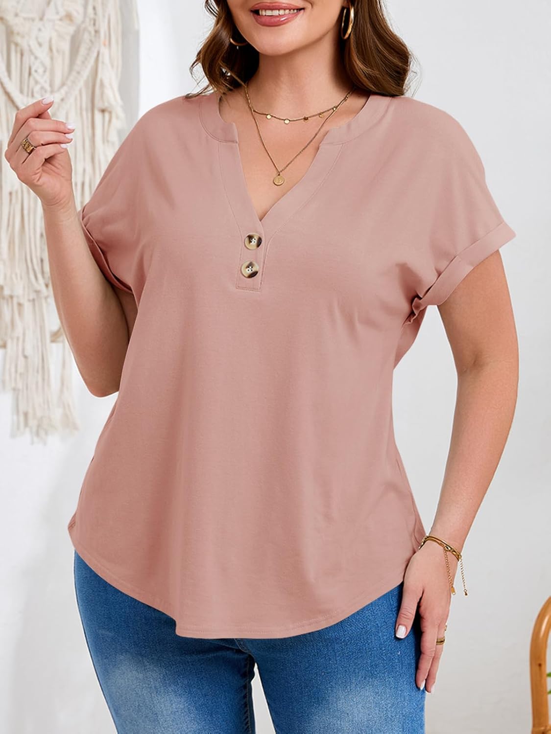 Beautife Womens Plus Size Short Sleeve Henley Tops Summer Button V Neck Blouses 2026 Dressy Casual Loose T Shirts - Image 4