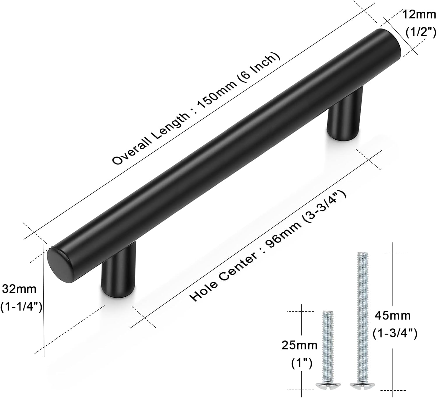 Probrico 30 Pack| 6 Inch Black Cabinet Handles with 3-3/4 Inch Hole Center Stainless Steel Cabinet Pulls Round T Bar Kitchen Cabinet Hardware Door Handles, Drawer Dresser Pulls，96mm Hole Centers