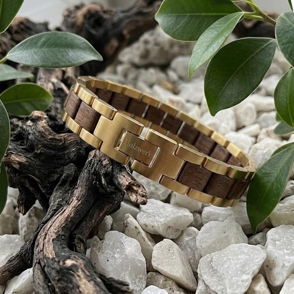 Holzwerk - Bracciale in legno naturale per uomo e donna, in legno, da uomo, colore marrone e oro, regolabile, con brevi e scatola di immagazzinaggio