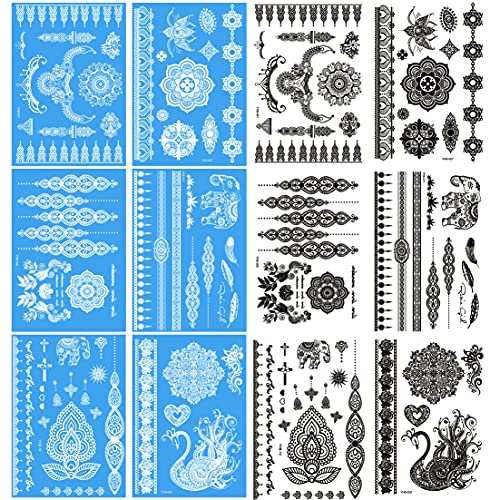 Henna Tattoos Sticker, White Lace Chains Mandala Fake Tattoo Temporary and Black Henna Tattoos for Women Party Rave Makeup, 12-Sheet