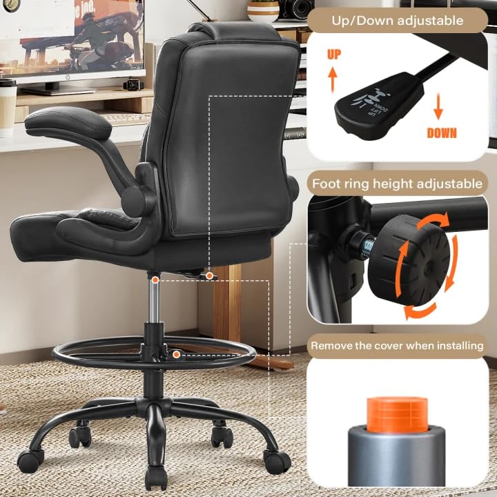 Image of Ergonomic Drafting Chair,Tall Office Chair for Standing Desk with Flip-Up Armrests,Adjustable Foot Ring & Height, High Leather Executive Office Chair for Home,Drawing or Counter Height Use