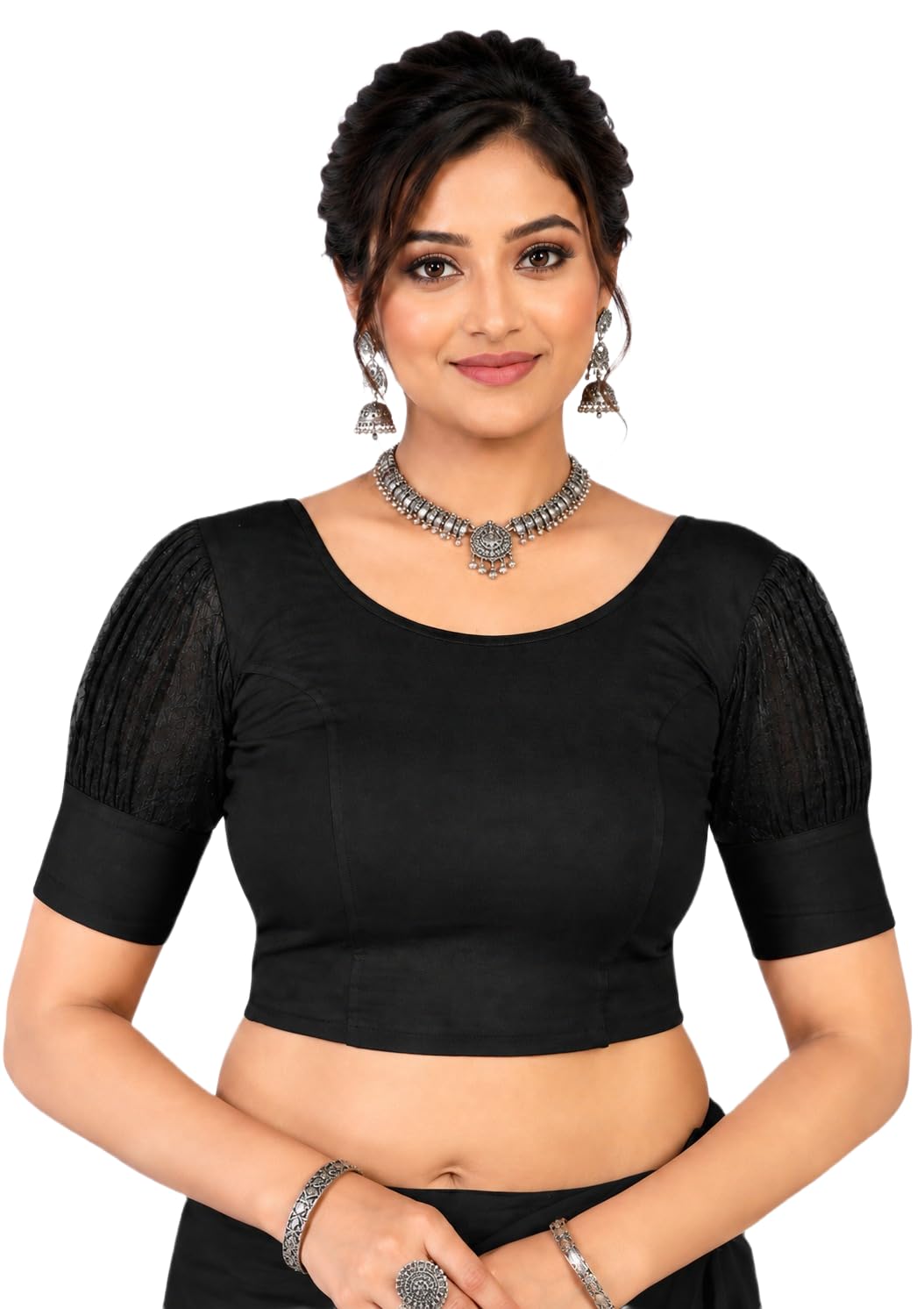 Women’s Puff Sleeve Saree Blouse – Round Neck Stretchable Readymade Designer Blouse for Women-picture-28