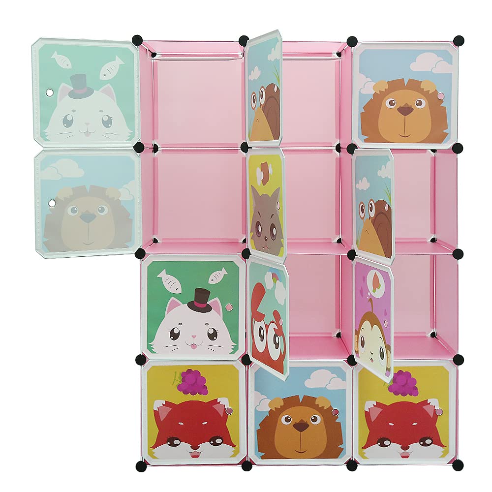 OHMG Meuble Rangement Enfants 12 Cubes avec Motif d'animaux,Armoire Chambre d'enfant,Armoire Modulable avec Cadre,Charge 10kg pour Vêtements Chaussures Jouets,111 * 37 * 147cm (Rose-111 * 37 * 147cm)