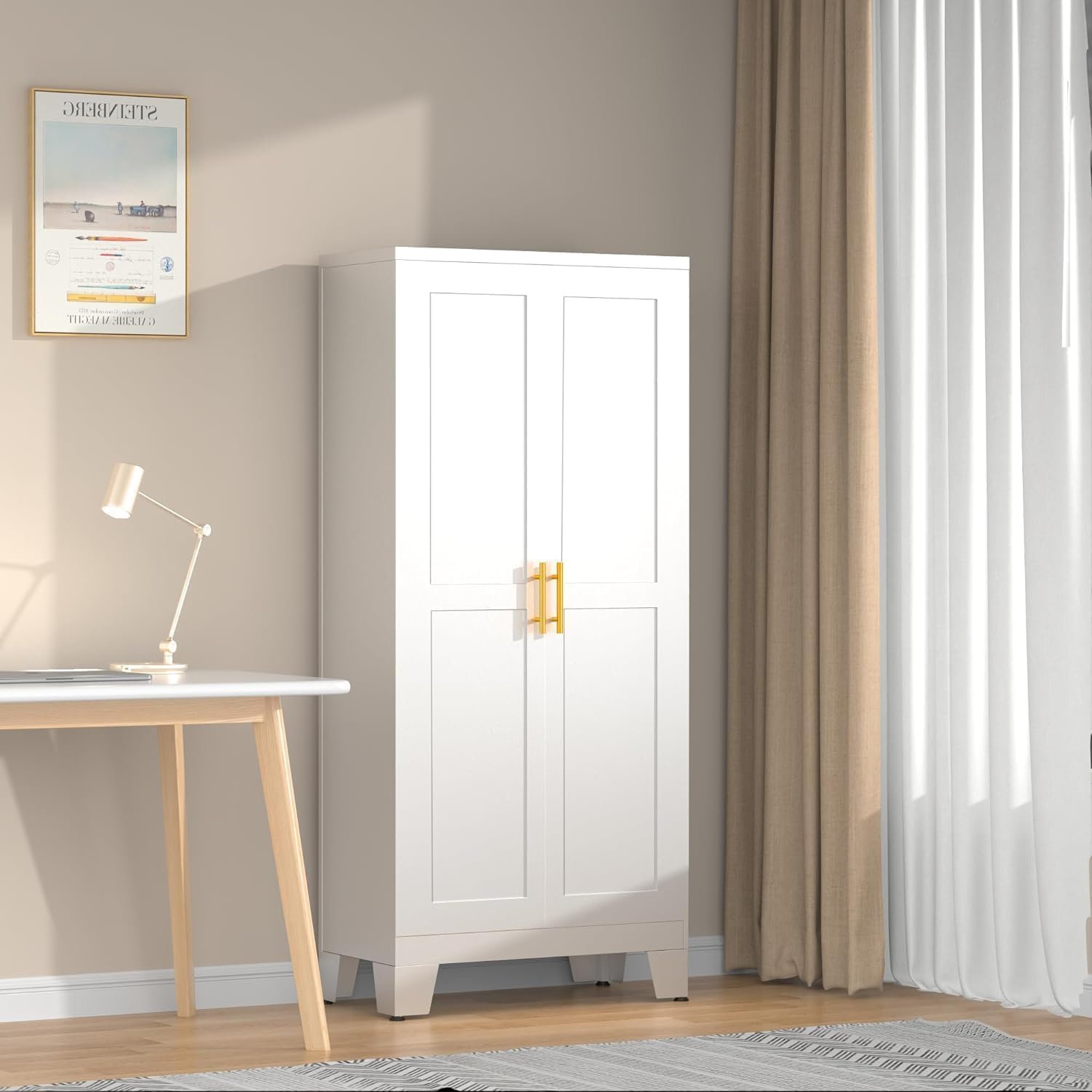erosoei 61.02”H Pantry Storage Cabinet, Kitchen Storage Cabinets with Adjustable Feet and Shelves, Metal Pantry Cabinet for Kitchen, Living Room, Laundry Room and Dinning Room (2door-White)