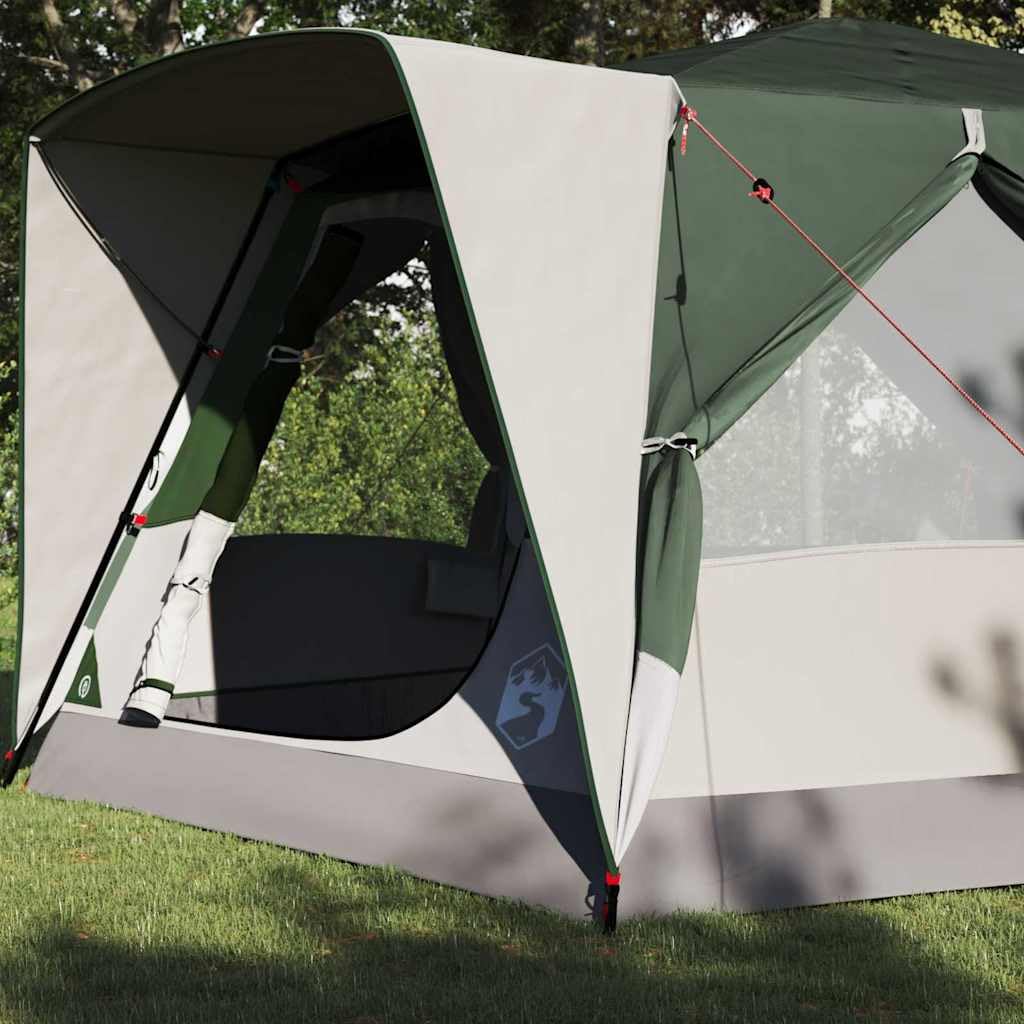 Namiot kabinowy dla 7 osób, zielony namiot rodzinny 400 x 350 x 212 cm z poliestru 185T z powłoką PU, łącznie z drążkami, 6 linkami napinającymi i 17 kołkami do wbijania w ziemię, z okienkiem
