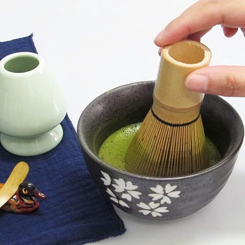 Miniatura 6 de Artcome Juego de té Matcha japonés, batidor Matcha, cuchara tradicional, tazón Matcha, bandeja de bambú negro, soporte de batidor de cerámica,