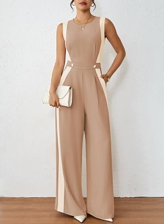 Pink Queen Jumpsuits for Women Dressy Colorblock Sleeveless Wide Leg Rompers Summer Party Elegant Outfits