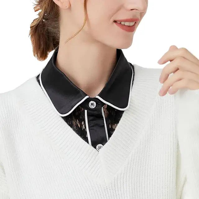 Svart Blus Hög Krage: Hollow Floral Lace Chiffon Removable Faux Collar