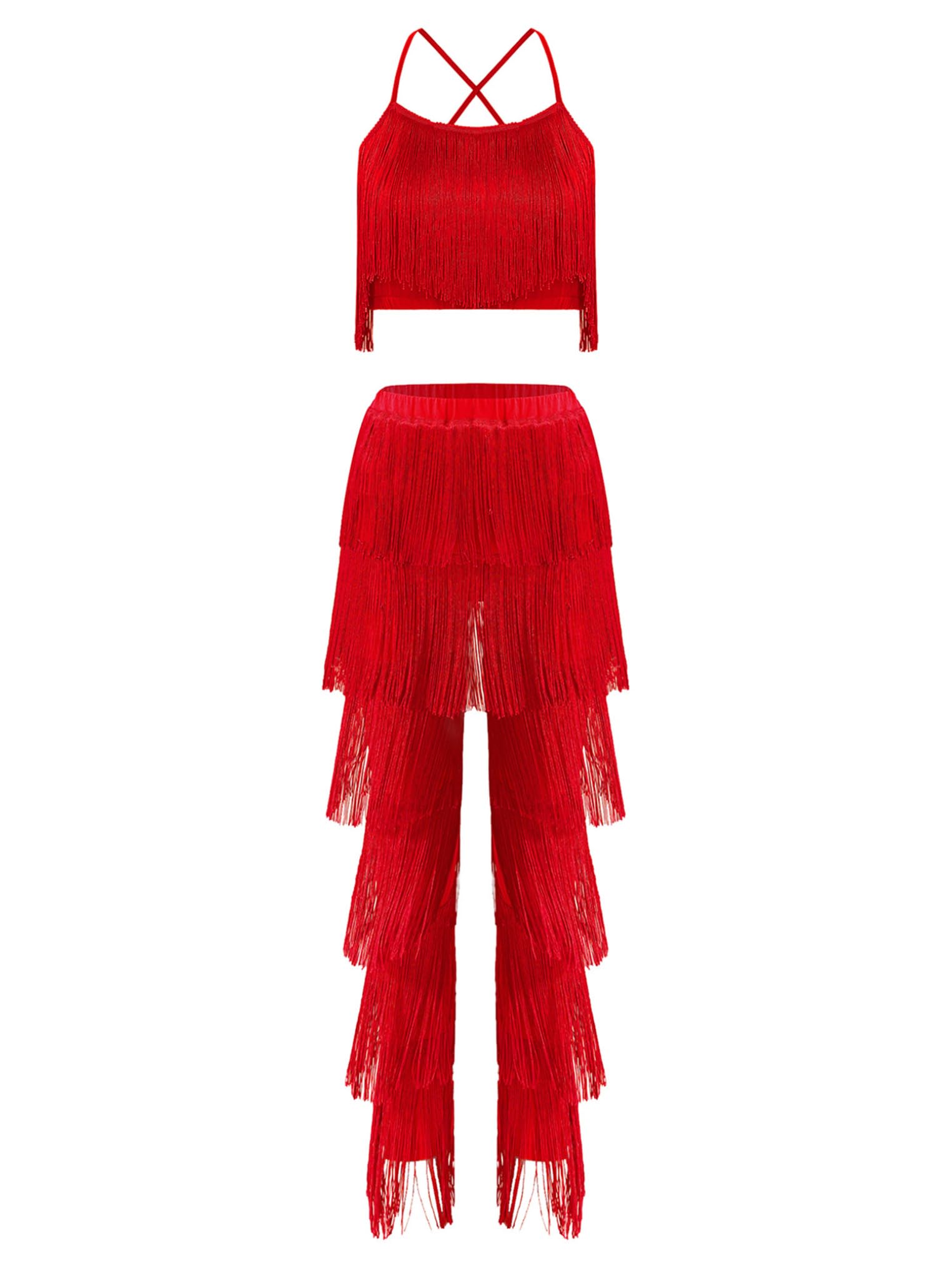 YEAHDOR Women Latin Salsa Dance Outfits Spaghetti Straps Tassel Crop Top with Fringe Pants 2 Piece Set Red Medium