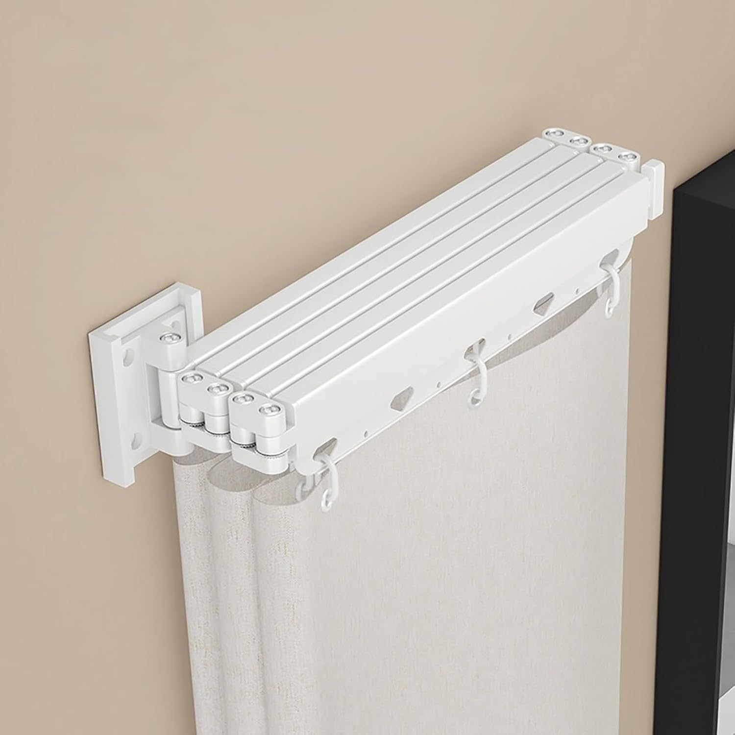 KISKIS Folding Shower Curtain Rod Space Saving Wall Mount Bathroom Hangers, Collapsible No Drilling Aluminum Clothing Drying Rack, White,3 Fold