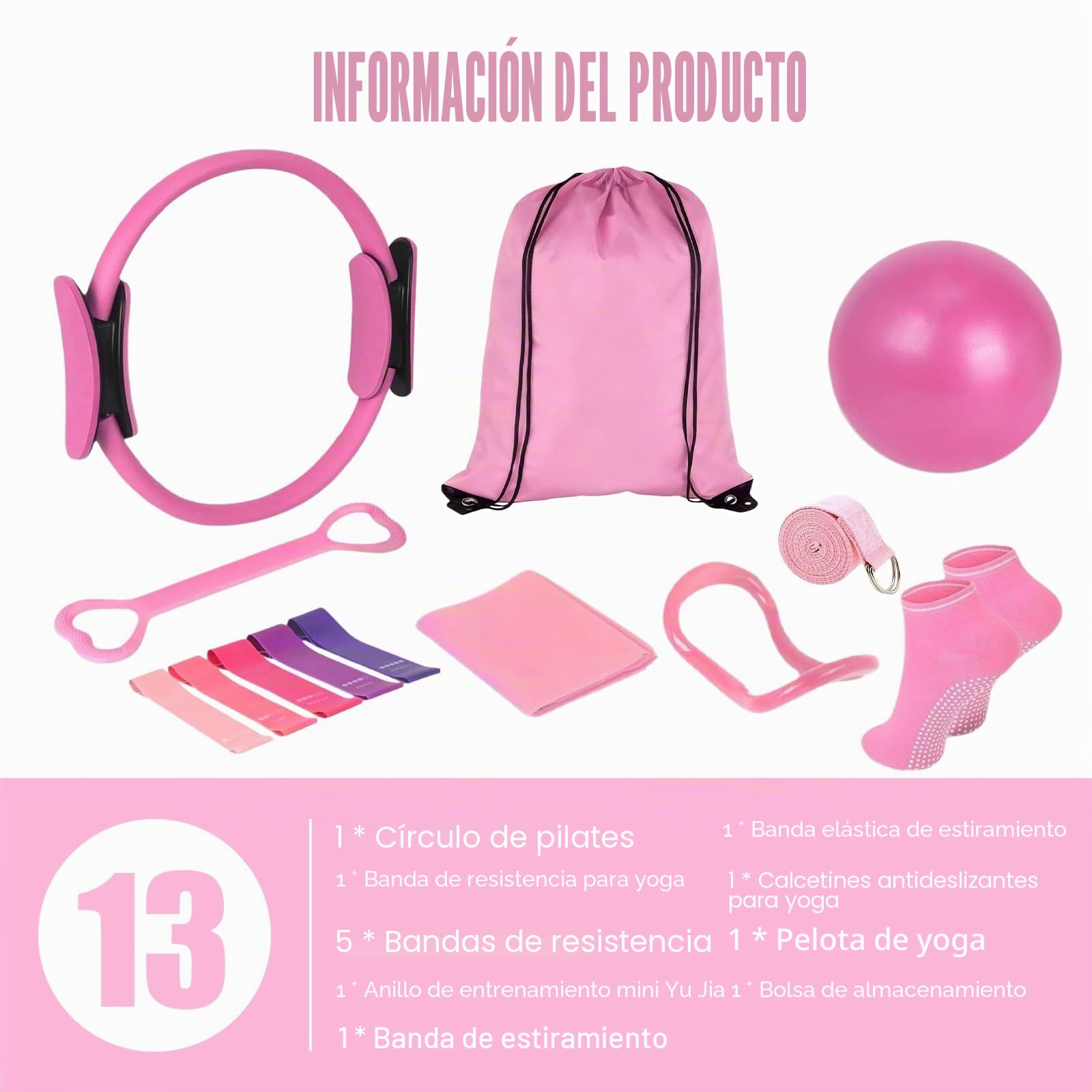 Set de Pilates de 13 piezas, set de anillos de pilates, kit esencial de pilates con bola de yoga, anillo de pilates, banda de resistencia, cinturón de yoga, calcetines de agarre para pilates, set de