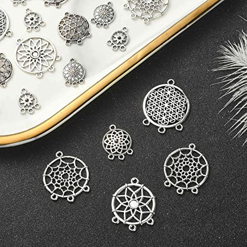 UR URLIFEHALL 100 Pcs 10 Styles Antique Silver Chandelier Charms Flat Round Dream Catcher Charms for DIY Jewellery Crafts Earring Making - Image 4