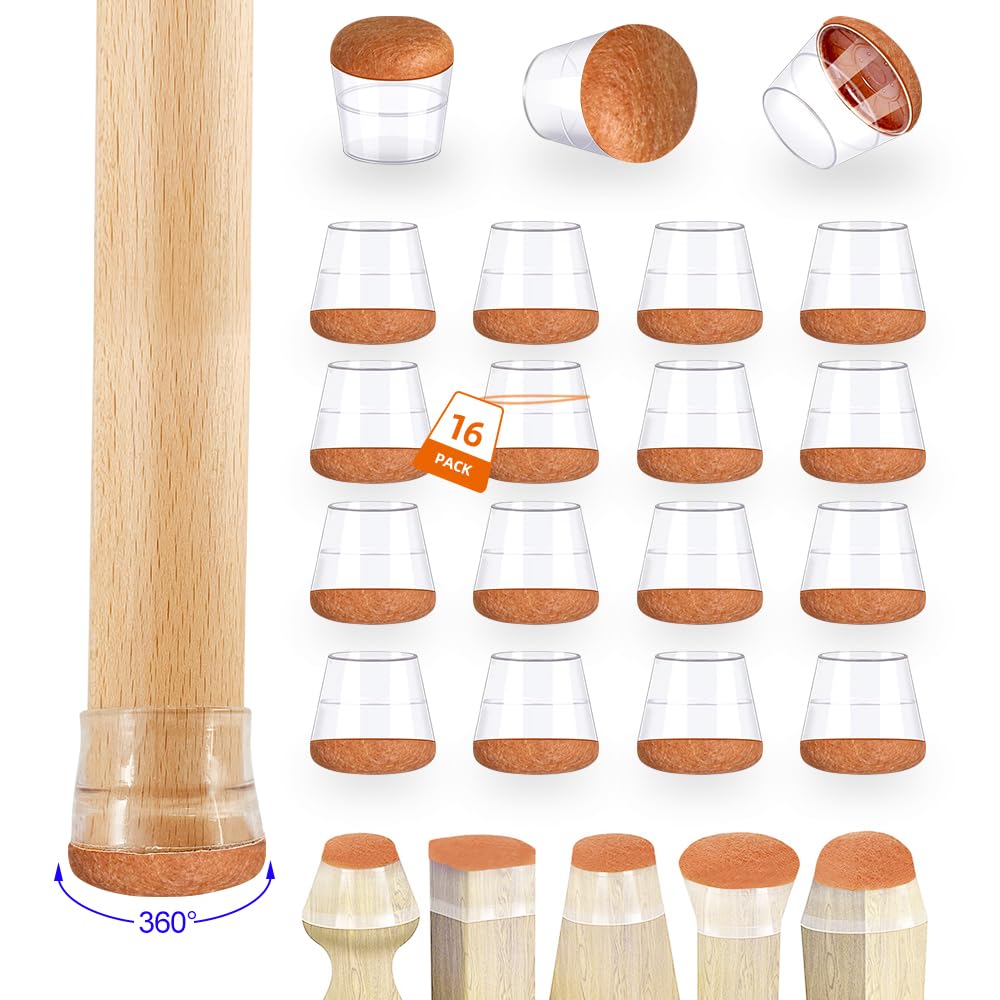 Chair Leg Floor Protectors for Hardwood Floors, Felt Furniture Pads Ruby Sliders Caps Covers for Wood Floors Protector Square, 16Pcs Clear Silicone Felt Pads for Smooth Moving (Fit 0.9"-1.1")