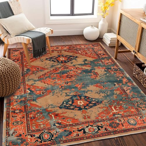 LIUYUYOUGO Tapis Antidérapant Tapis Lavables pour Salon Grands Tapis Vintage pour Chambre À Coucher Orange Doux À Poils Courts Antidérapant Imprimé Floral Ethnique Tapis Traditionnel pour Déco