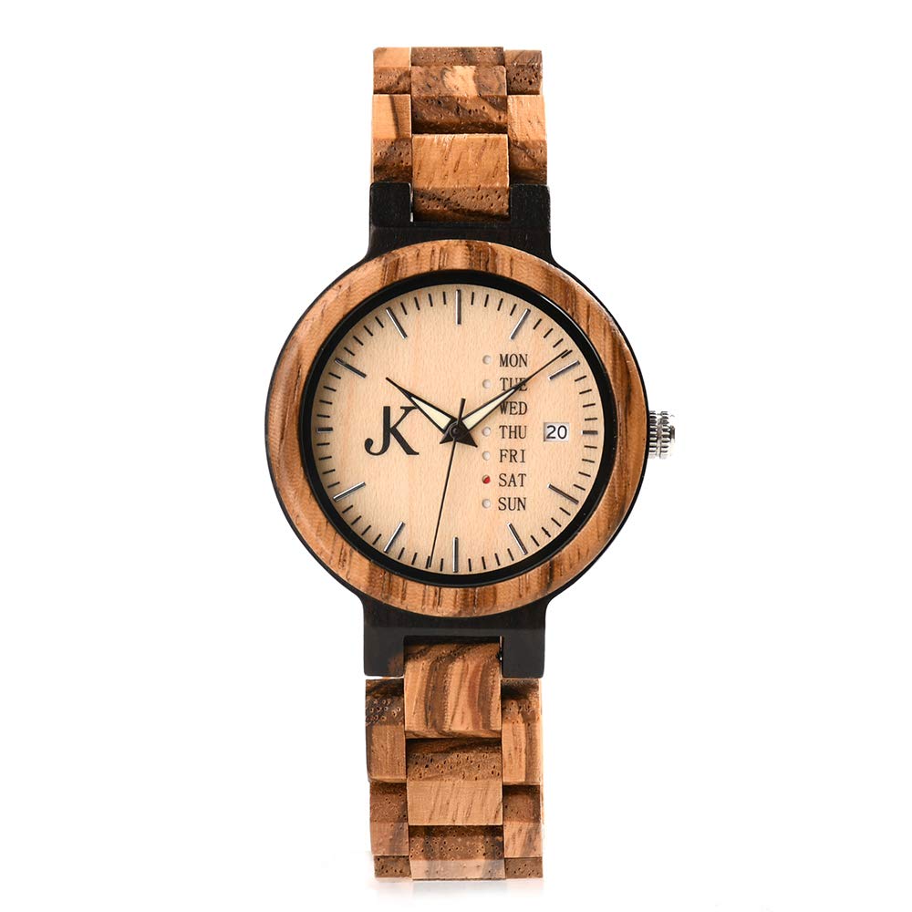 Kim Johanson Damen Holz-Edelstahl Armbanduhr *Light Week* mit Datum- & Tagesanzeige Handgefertigt Quarz Analog Uhr inkl. Geschenkbox